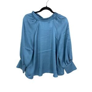 Zara Blouse Womens Size XS Blue Long Sleeve Tie Back High Neck *READ